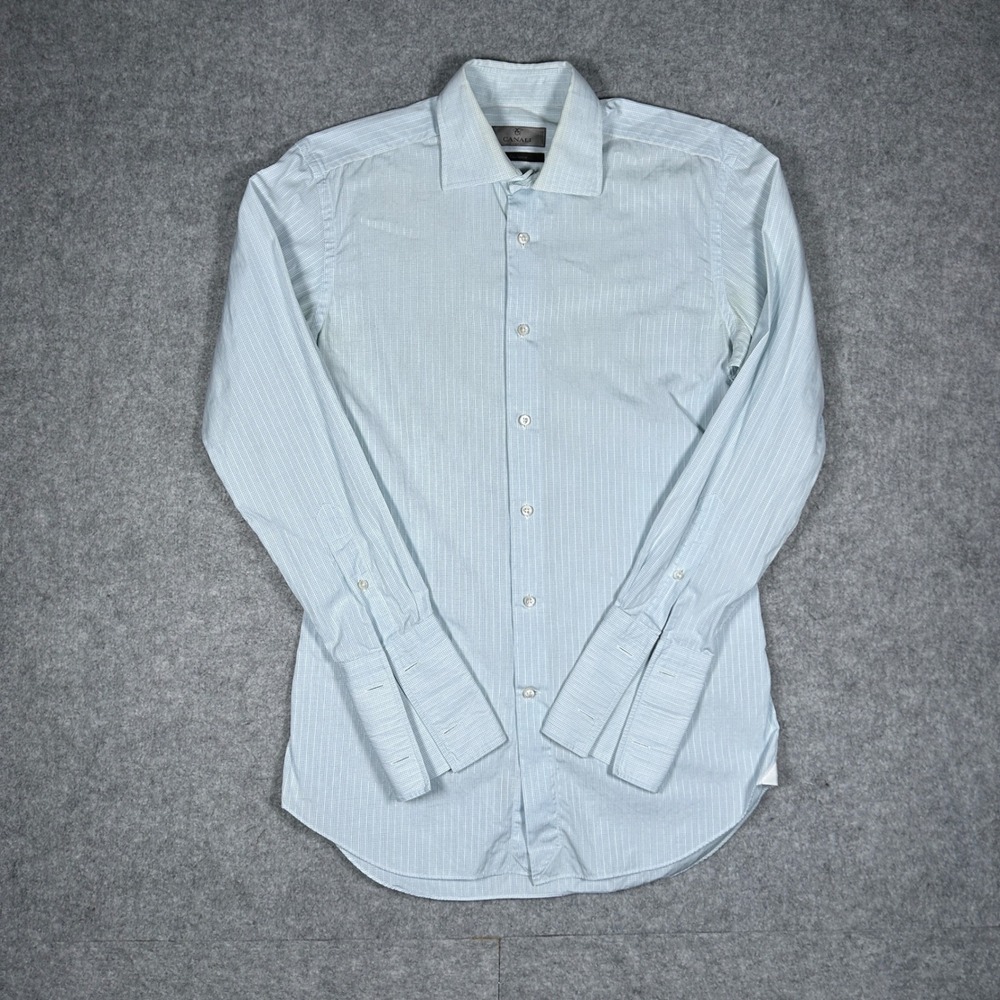 Canali‎ Dress Shirt Men 38-15 Medium Light Blue Grid Striped French Cuff Cotton